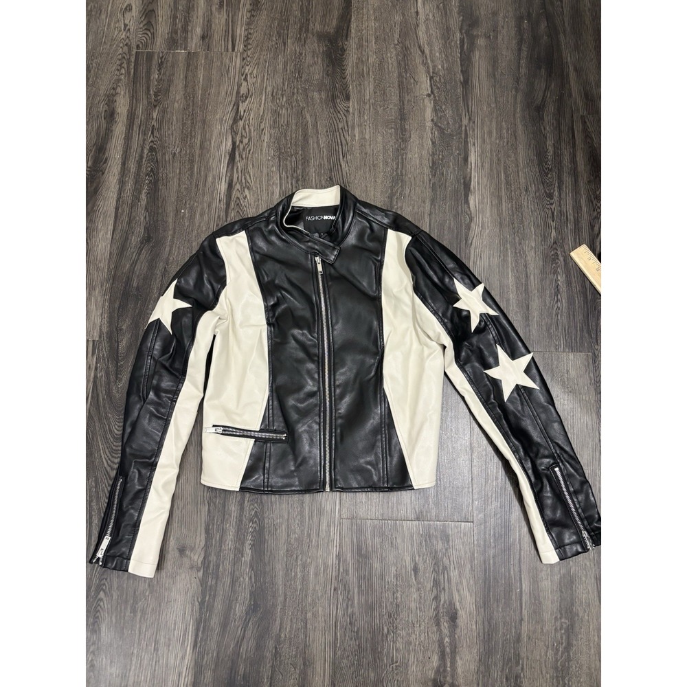Stoosh Womens Faux Leather Colorblock Moto Biker Racer Jacket Black White S